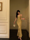 Niulatu Mermaid Spaghetti Straps Floral Gold Long Prom Dresses Birthday Outfit SD783