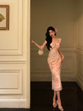 Niulatu Sheath V Neckline Date Night Dress Floral Pink Prom Dresses Party Dress Birthday Outfits SD788