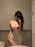 Niulatu Sheath V Neckline Date Night Dress Floral Pink Prom Dresses Party Dress Birthday Outfits SD788