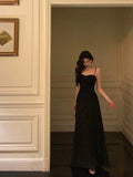 Niulatu A line Spaghetti Straps Black Long Lace Prom Dresses Birthday Outfits Evening Gown SD789