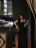 Niulatu A line Spaghetti Straps Black Long Lace Prom Dresses Birthday Outfits Evening Gown SD789