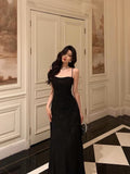 Niulatu A line Spaghetti Straps Black Long Lace Prom Dresses Birthday Outfits Evening Gown SD789