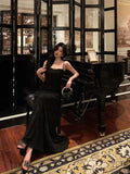 Niulatu A line Spaghetti Straps Black Long Lace Prom Dresses Birthday Outfits Evening Gown SD789