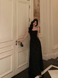 Niulatu A line Spaghetti Straps Black Long Lace Prom Dresses Birthday Outfits Evening Gown SD789