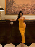 Niulatu Sheath Spaghetti Straps Yellow Flower Prom Dresses Birthday Outfits Evening Gown SD791