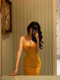 Niulatu Sheath Spaghetti Straps Yellow Flower Prom Dresses Birthday Outfits Evening Gown SD791