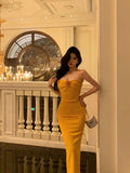 Niulatu Sheath Spaghetti Straps Yellow Flower Prom Dresses Birthday Outfits Evening Gown SD791