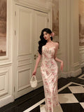 Niulatu Sheath Spaghetti Straps Pink Floral Prom Dresses Birthday Outfits Evening Gown SD792