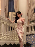 Niulatu Sheath Spaghetti Straps Pink Floral Prom Dresses Birthday Outfits Evening Gown SD792