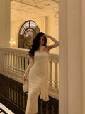Niulatu Sheath Strapless Sleeveless White Date Night Dress Ruffles Prom Dresses Birthday Outfit SD793