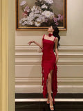Niulatu Sheath Spaghetti Straps Red Ruffles Date Night Dress Prom Dresses Birthday Outfit SD794