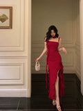 Niulatu Sheath Spaghetti Straps Red Ruffles Date Night Dress Prom Dresses Birthday Outfit SD794