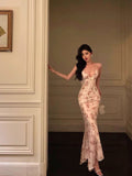 Niulatu Sheath Spaghetti Straps Pleated Floral Prom Dresses Birthday Outfits Evening Gown SD795