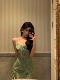 Niulatu Sheath Spaghetti Straps Green Satin Date Night Dress Prom Dresses Birthday Outfit SD797