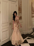 Niulatu Mermaid Spaghetti Straps Champagne Floral Date Night Dress Prom Dresses Birthday Outfit SD801