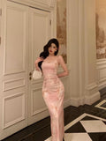 Niulatu Sheath Spaghetti Straps Pink Floral Date Night Dress Prom Dresses Birthday Outfit SD802