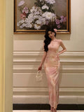 Niulatu Sheath Spaghetti Straps Pink Floral Date Night Dress Prom Dresses Birthday Outfit SD802