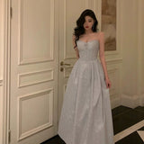 Niulatu A Line Spaghetti Straps Pleated Silver Gray Sequin Prom Dresses Birthday Outfits Evening Gown SD803