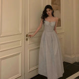 Niulatu A Line Spaghetti Straps Pleated Silver Gray Sequin Prom Dresses Birthday Outfits Evening Gown SD803
