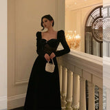 Niulatu A Line Square Neckline Long Sleeves Black Velvet Prom Dresses Birthday Outfits Evening Gown SD804