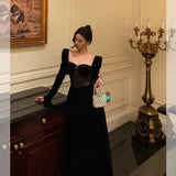Niulatu A Line Square Neckline Long Sleeves Black Velvet Prom Dresses Birthday Outfits Evening Gown SD804