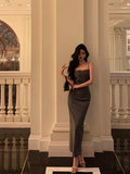 Niulatu Sheath Spaghetti Straps Pleated Gray Prom Dresses Birthday Outfits Evening Gown SD805