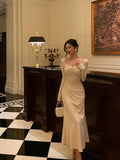 Niulatu A Line Square Neckline Long Sleeves Ivory Prom Dresses Birthday Outfits Evening Gown SD806