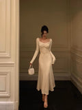 Niulatu A Line Square Neckline Long Sleeves Ivory Prom Dresses Birthday Outfits Evening Gown SD806