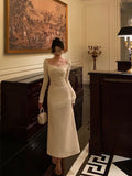 Niulatu A Line Square Neckline Long Sleeves Ivory Prom Dresses Birthday Outfits Evening Gown SD806