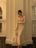 Niulatu A Line Square Neckline Long Sleeves Ivory Prom Dresses Birthday Outfits Evening Gown SD806