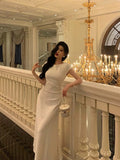 Niulatu A Line Scoop Pleated White Prom Dresses Birthday Outfits Evening Gown SD807