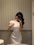 Niulatu A Line Scoop Pleated White Prom Dresses Birthday Outfits Evening Gown SD807