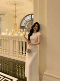 Niulatu A Line Scoop Pleated White Prom Dresses Birthday Outfits Evening Gown SD807