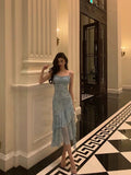 Niulatu Sheath Spaghetti Straps Blue Chiffon Ruffles Date Night Dress Prom Dresses Birthday Outfit SD812
