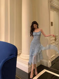 Niulatu Sheath Spaghetti Straps Blue Chiffon Ruffles Date Night Dress Prom Dresses Birthday Outfit SD812