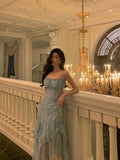 Niulatu Sheath Spaghetti Straps Blue Chiffon Ruffles Date Night Dress Prom Dresses Birthday Outfit SD812