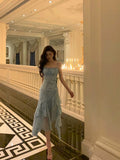 Niulatu Sheath Spaghetti Straps Blue Chiffon Ruffles Date Night Dress Prom Dresses Birthday Outfit SD812