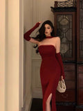 Niulatu Sheath Strapless Burgundy Date Night Dress Tulle Prom Dresses With Gloves Party Dress Birthday Outfits SD813