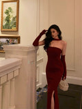 Niulatu Sheath Strapless Burgundy Date Night Dress Tulle Prom Dresses With Gloves Party Dress Birthday Outfits SD813