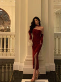 Niulatu Sheath Strapless Burgundy Date Night Dress Tulle Prom Dresses With Gloves Party Dress Birthday Outfits SD813