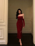 Niulatu Sheath Strapless Burgundy Date Night Dress Tulle Prom Dresses With Gloves Party Dress Birthday Outfits SD813