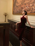 Niulatu Sheath Halter Burgundy Date Night Dress Velvet Prom Dresses Party Dress Birthday Outfits SD814