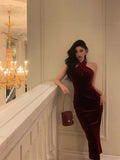 Niulatu Sheath Halter Burgundy Date Night Dress Velvet Prom Dresses Party Dress Birthday Outfits SD814