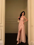 Niulatu A Line Halter Neckline Long Date Night Dress Pink Prom Dresses Birthday Outfit SD817