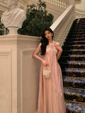 Niulatu A Line Halter Neckline Long Date Night Dress Pink Prom Dresses Birthday Outfit SD817