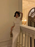 Niulatu Sheath High Neckline White Date Night Dress Prom Dresses Party Dress Birthday Outfits SD818