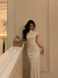 Niulatu Sheath High Neckline White Date Night Dress Prom Dresses Party Dress Birthday Outfits SD818