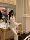 Niulatu Sheath Halter Neckline Long Sleeves Date Night Dress White Prom Dresses Birthday Outfit SD819