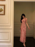 Niulatu A Line V neckline Long Date Night Dress Pink Prom Dresses Birthday Outfit SD822