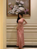 Niulatu A Line V neckline Long Date Night Dress Pink Prom Dresses Birthday Outfit SD822